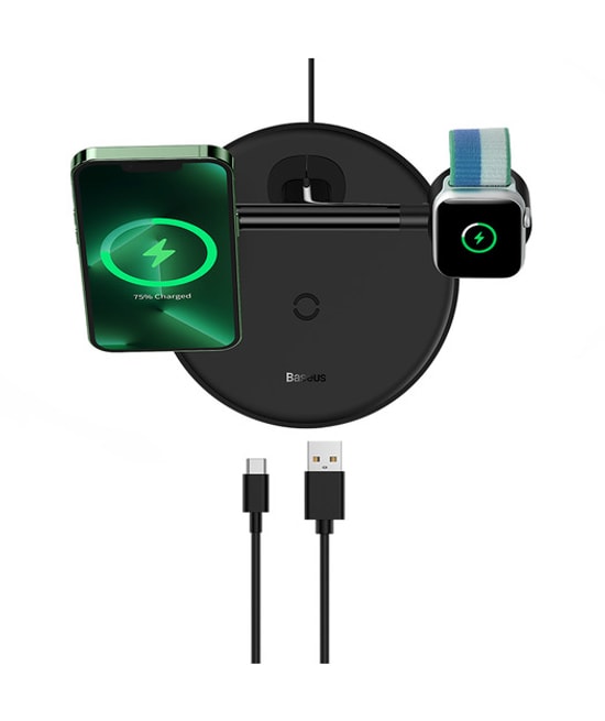Baseus Swan 3in1 20W MagSafe Kablosuz Hızlı Şarj Standı (Siyah) WXTE000101 - 15W Kablosuz, USB C Kablolu, Akım Korumalı