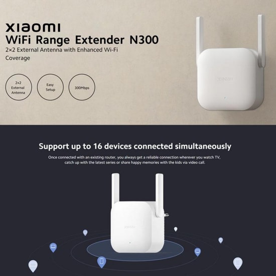 Xiaomi Range Extender N300 Beyaz Kablosuz Sinyal Yükseltici Router - 300Mbps, 2x Harici Anten