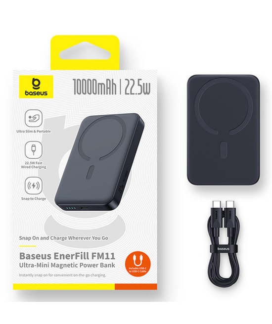 Baseus EnerFill FM11 Mini Mag Siyah 10000mAh 22.5W Manyetik Powerbank (P1008210E123-00) - Hızlı Şarj, Kompakt Tasarım