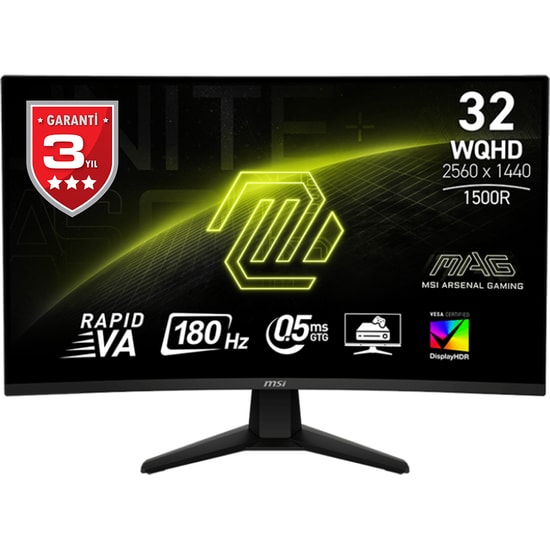 MSI MAG 32CQ6F 31.5" WQHD 180Hz 0.5ms Kavisli Adaptive Sync Oyuncu Monitörü - 2560x1440, 400nit, Rapid VA Panel