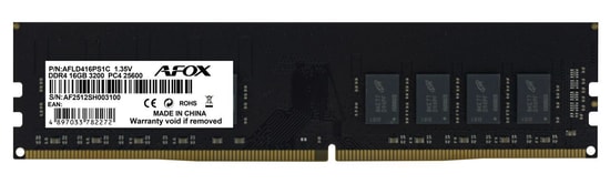 AFOX 16GB DDR4 3200MHz CL16 Masaüstü PC RAM Bellek (AFLD416PS1C) - Tek Modül, 1.35V, Yüksek Performans