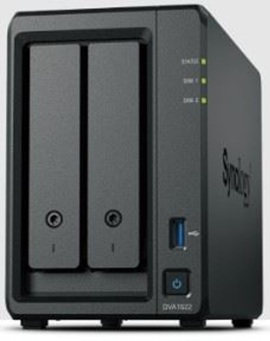 Synology DVA1622 NAS NVR: Celeron J4125 İşlemci, 6GB RAM, 2 Disk Yuvası, 3.5" ve 2.5" SATA HDD, USB 3.0, RAID Destekli