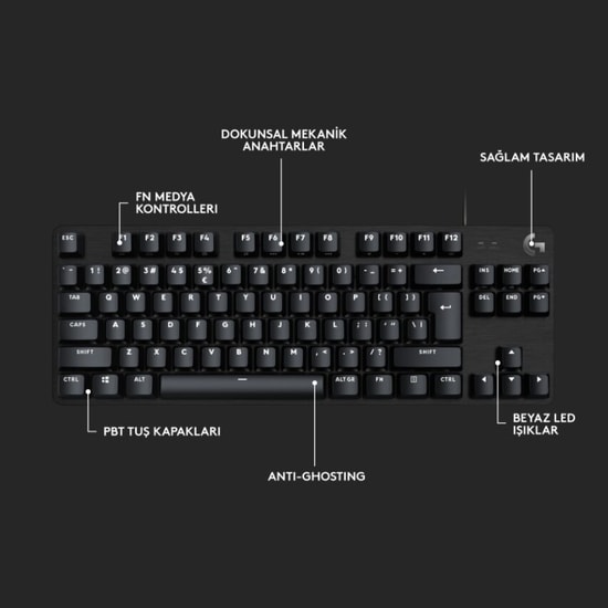 Logitech G413 SE TKL Siyah Mekanik Oyuncu Klavyesi (Türkçe Q, Aydınlatmalı - 920-010564) Tactile Switch, Kablolu