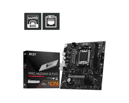 MSI PRO A620AM-B EVO Anakart - AMD AM5, 2x DDR5 6800MHz(OC), Gen4 M.2, 2.5G LAN, HDMI, VGA, A620 Çipset, mATX