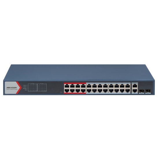 Hikvision DS-3E1326P-EI Switch - 24 Port PoE, 2x SFP Uplink, Yönetilebilir, Rackmount, 370W PoE Bütçe, 300 Metre Menzil