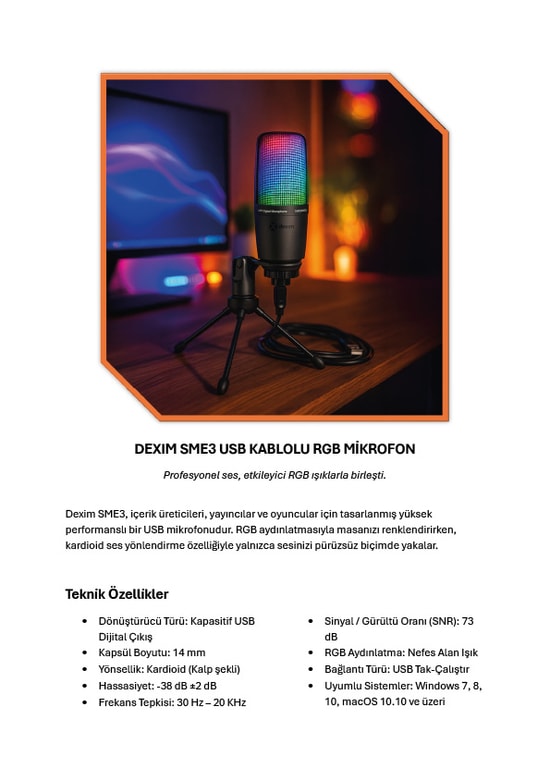 Dexim SME3 RGB USB Kablolu Mikrofon (DMK003) - Yüksek Çözünürlüklü Ses Kayıt, İçerik Üreticileri ve Canlı Yayın için