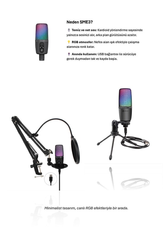 Dexim SME3 RGB USB Kablolu Mikrofon (DMK003) - Yüksek Çözünürlüklü Ses Kayıt, İçerik Üreticileri ve Canlı Yayın için