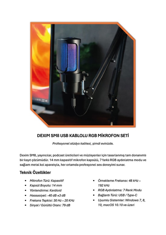 Dexim SM8 RGB USB/Type-C Kablolu Mikrofon (DMK008) - 14mm Kardioid Kapsül, Podcast, Oyun ve Yayın için Yüksek Hassasiyet