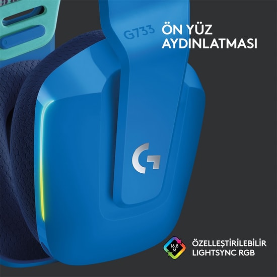 Logitech G733 Mavi Kablosuz RGB Oyuncu Kulaklığı (981-000943) - 7.1 Surround Ses, Lightspeed, 40mm Sürücü, Mikrofonlu