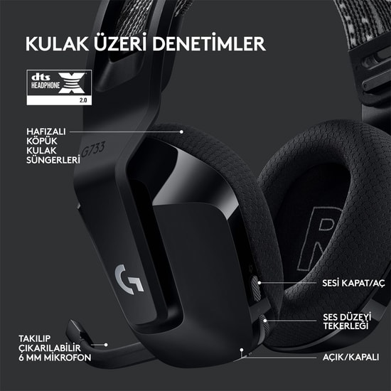 Logitech G733 Siyah Kablosuz RGB Oyuncu Kulaklığı (981-000864) - 7.1 Surround Ses, Lightspeed, 40mm Sürücü, Mikrofonlu