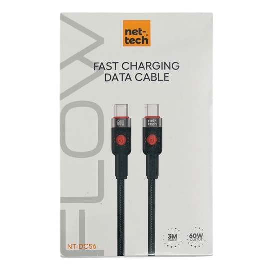 Nettech NT-113849 60W Type-C to Type-C 300cm İp Örgü Şarj ve Data Kablosu (Siyah) - Hızlı Şarj