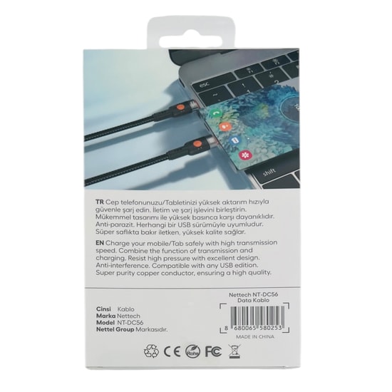 Nettech NT-113849 60W Type-C to Type-C 300cm İp Örgü Şarj ve Data Kablosu (Siyah) - Hızlı Şarj