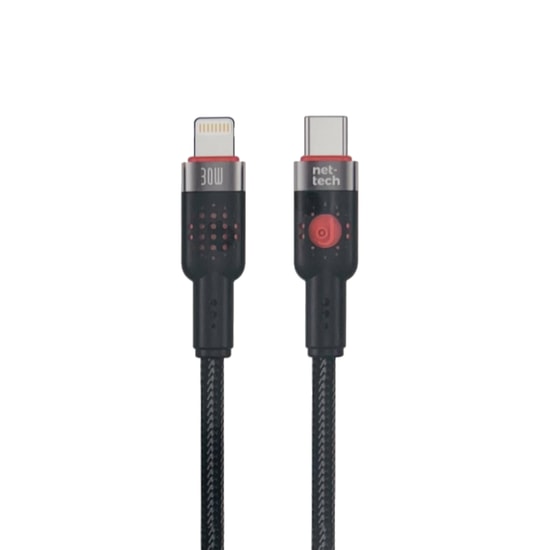 Nettech NT-113850 30W Type-C to Lightning 300cm İp Örgü Şarj ve Data Kablosu (Siyah) - Hızlı Şarj