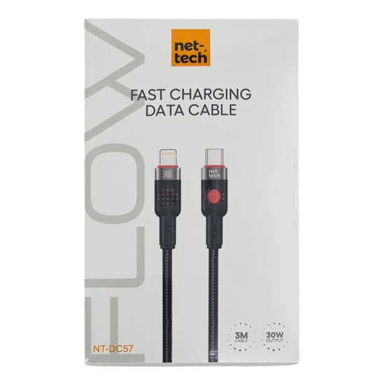 Nettech NT-113850 30W Type-C to Lightning 300cm İp Örgü Şarj ve Data Kablosu (Siyah) - Hızlı Şarj