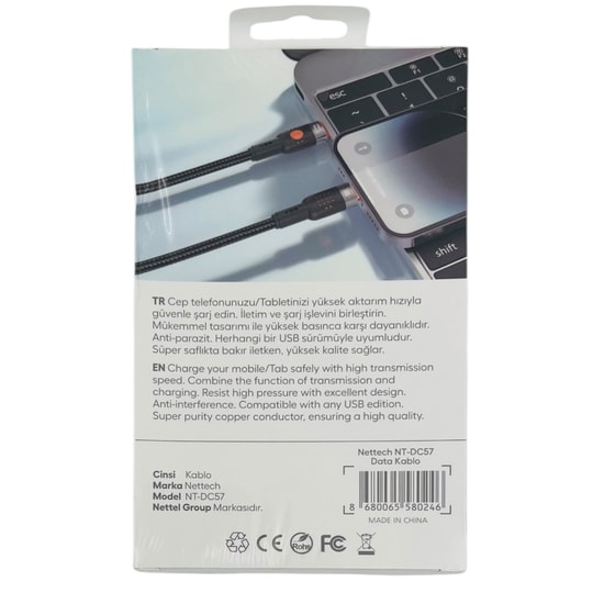 Nettech NT-113850 30W Type-C to Lightning 300cm İp Örgü Şarj ve Data Kablosu (Siyah) - Hızlı Şarj