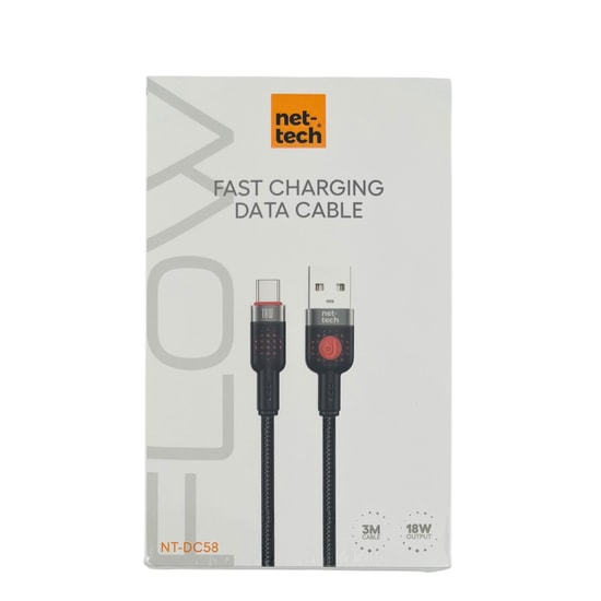 Nettech NT-DC58 Siyah Type-C Şarj & Data Kablosu - 18W Hızlı Şarj, 300cm Uzunluk, NT-113904