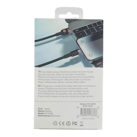 Nettech NT-DC58 Siyah Type-C Şarj & Data Kablosu - 18W Hızlı Şarj, 300cm Uzunluk, NT-113904