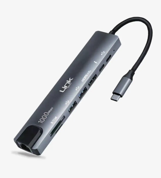 Linktech A205 Premium 8in1 Çoklu Port Hub: RJ45, HDMI, 100W PD Type-C ve Kart Okuyucu (LPA-A205)