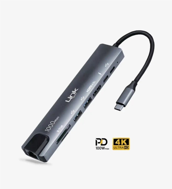 Linktech A205 Premium 8in1 Çoklu Port Hub: RJ45, HDMI, 100W PD Type-C ve Kart Okuyucu (LPA-A205)