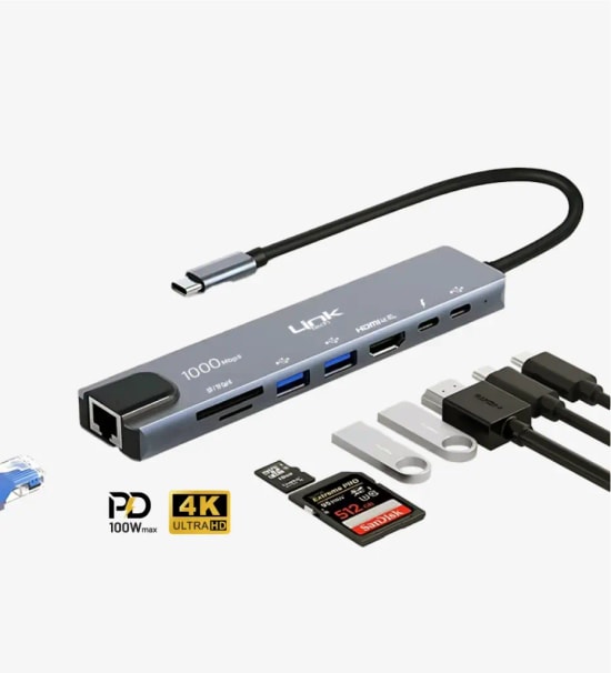 Linktech A205 Premium 8in1 Çoklu Port Hub: RJ45, HDMI, 100W PD Type-C ve Kart Okuyucu (LPA-A205)