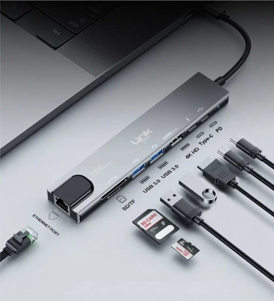 Linktech A205 Premium 8in1 Çoklu Port Hub: RJ45, HDMI, 100W PD Type-C ve Kart Okuyucu (LPA-A205)