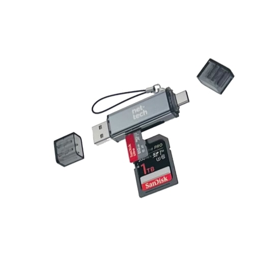Nettech NT-CR02 Gri SD Kart Okuyucu (NT-113843) - Type-C ve Lightning USB, Hızlı Veri Aktarımı, Çoklu Uyumlu