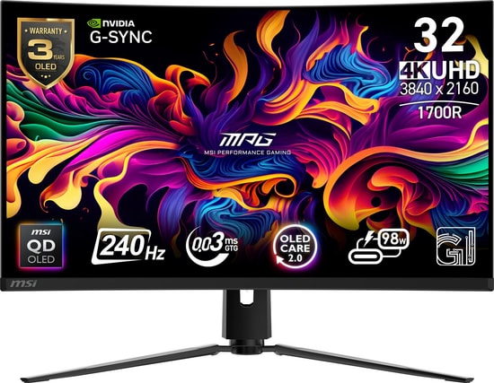 MSI MPG 321CURX QD-OLED 32" Kavisli 4K Oyuncu Monitörü - 3840x2160, 240Hz, 0.03ms, USB C Hub,98W PD,  G-Sync, HDMI 2.1
