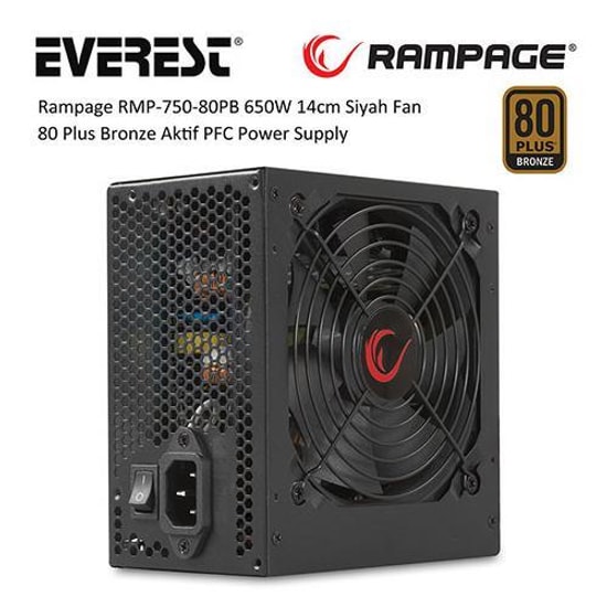 RAMPAGE RMP-750-80PB 750W APFC 140mm Fanlı 80+ Bronze Sertifikalı Güç Kaynağı - Siyah, Aktif PFC, Yüksek Verimlilik