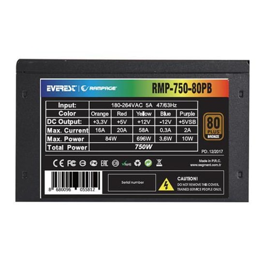 RAMPAGE RMP-750-80PB 750W APFC 140mm Fanlı 80+ Bronze Sertifikalı Güç Kaynağı - Siyah, Aktif PFC, Yüksek Verimlilik