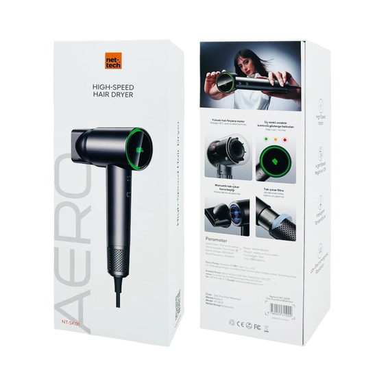 Nettech NT-SK01 Profesyonel 1800W Saç Kurutma Makinesi (Gri) NT-111938 - Hızlı Kurutma, Filtreli Fırçasız Motor