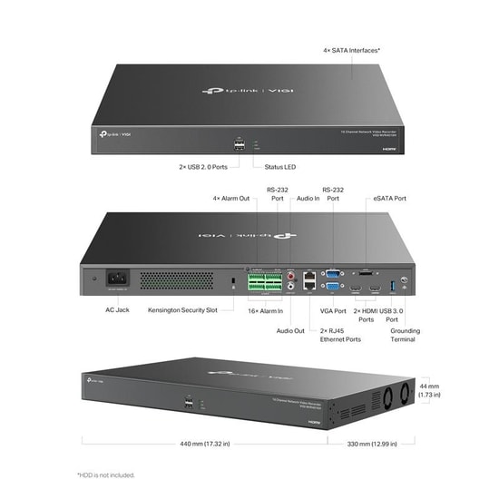 TP-LINK VIGI NVR4016H - 16 Kanal 4K NVR Kayıt Cihazı, H.265+, 4xSATA (64TB), Çift LAN, 320 Mbps, Uzaktan İzleme, ONVIF