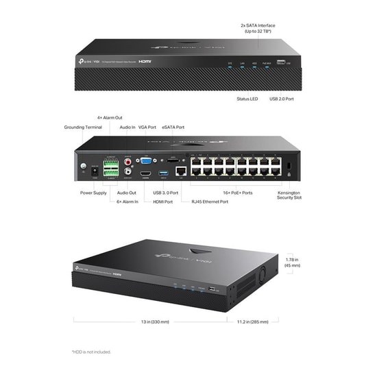 TP-LINK VIGI NVR2016H-16P V2 16 Kanal 4K PoE NVR Kayıt Cihazı - H.265+, 2xSATA, ONVIF, HDMI, LAN, USB, Uzaktan İzleme