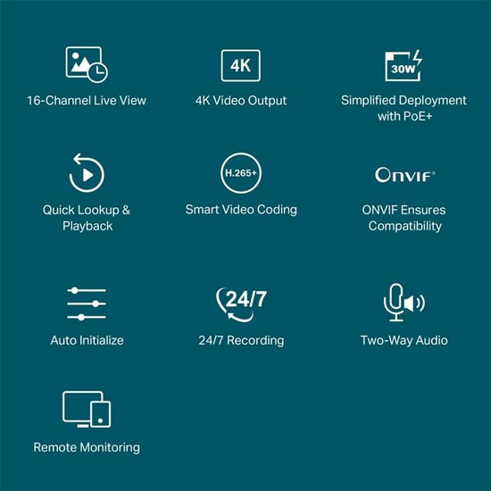TP-Link VIGI NVR2016H V2 16 Kanal 4K NVR Kayıt Cihazı - H.265+, 2xSATA, ONVIF, Uzaktan İzleme, 16 Kanal Eş Zamanlı Video