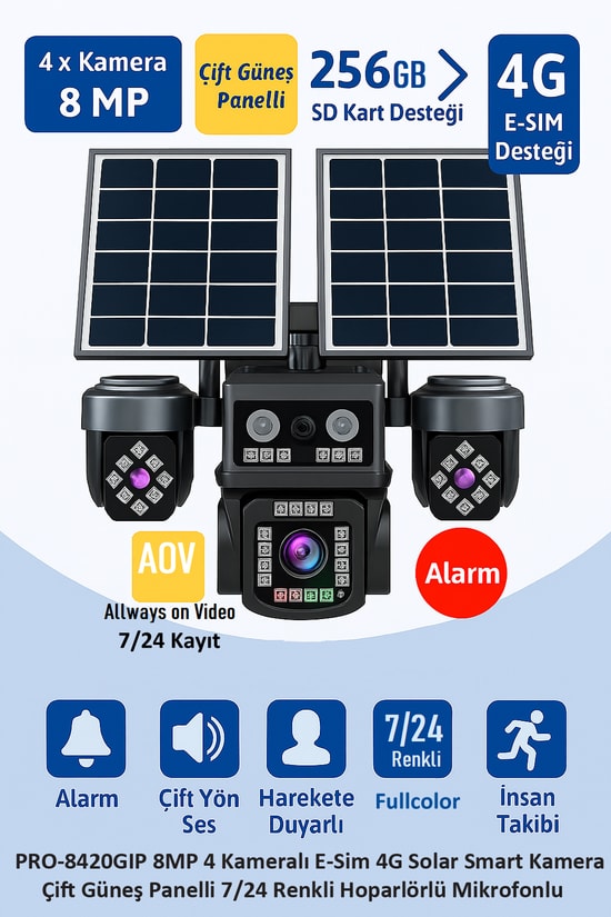 Balandi PRO-8420GIP 8MP 4 Kameralı E-Sim 4G Solar Smart Kamera - Çift Güneş Paneli, Hieasy Yazılım, AOV, 256GB