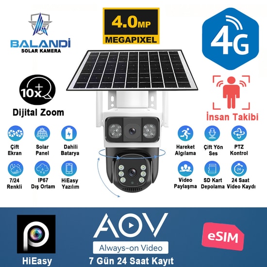 Balandi PRO-8200GIP 4MP Çift Kameralı E-Sim 4G Solar Güvenlik Kamerası - Hieasy Yazılım, AOV, PTZ, Güneş Paneli