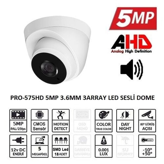 Balandi PRO-575HD 5MP Dome Kamera - 2.8mm Lens, 3 Array Led, Sesli, İç Ortam Güvenlik Kamerası