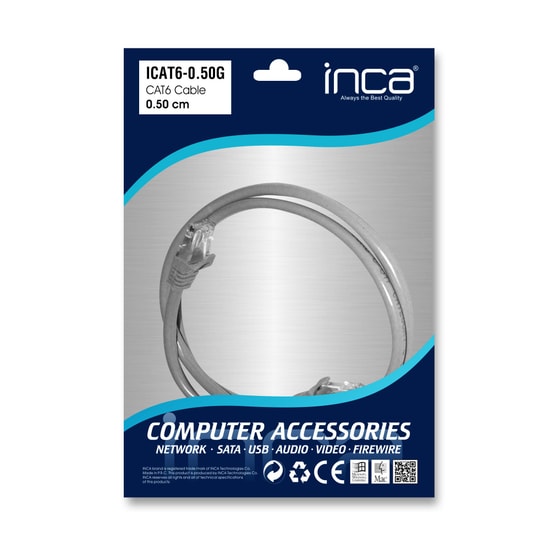 Inca ICAT6-0,50G CAT6 Gri Patch Kablo - 0.5 Metre, 24AWG UTP, RJ45, 250MHz Gigabit Ethernet, Yüksek Hızlı Veri İletimi