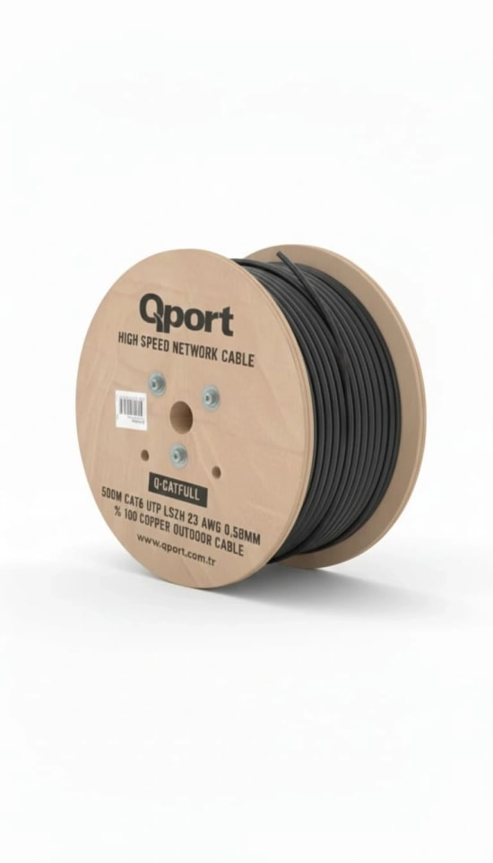 Qport Q-CATFULL CAT6 500 Metre %100 Bakır Outdoor LSZH Siyah Network Kablosu - 23AWG, 0.58mm Yanmaz Dış Ortam Kablosu