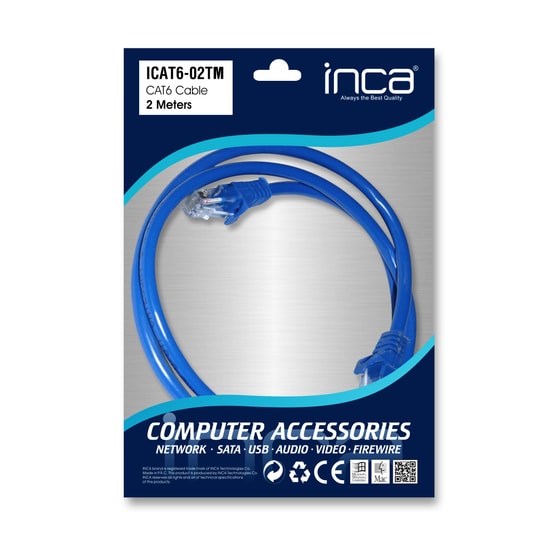 INCA ICAT6-02TM CAT6 Mavi Patch Kablo - 2 Metre, UTP, RJ45, 250MHz, Gigabit Ethernet, Yüksek Performans