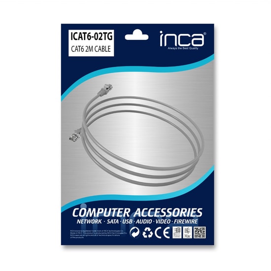 INCA ICAT6-02TG CAT6 Gri Patch Kablo - 2 Metre, 24AWG, UTP, RJ45, 250MHz, Gigabit Ethernet, Yüksek Performans