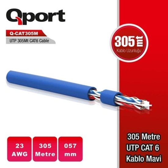 Qport Q-CAT6M Mavi 305 Metre CAT6 UTP Network Kablosu - 23AWG Kalınlık, Yüksek Hızlı Veri Aktarımı