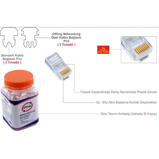 Oring MPC6U3 CAT6 RJ45 Konnektör - 100'lü Altın Kaplama Uçlu, 2-Gigabit Ethernet, U/UTP, Ağ Kablo Ucu
