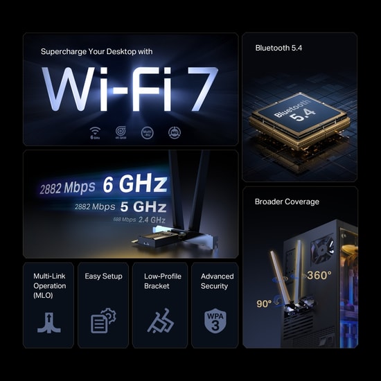 TP-Link Archer TBE400E BE6500 Wi-Fi 7 Tri-Band Bluetooth 5.4 PCI-E Adaptör - Yeni Nesil Kablosuz Bağlantı, Ultra Hızlı