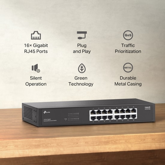 TP-Link LS1016G 16 Port Gigabit Metal Kasa Rackmount Switch - QoS, Tak Çalıştır, Sessiz, Enerji Tasarruflu Ağ Anahtarı