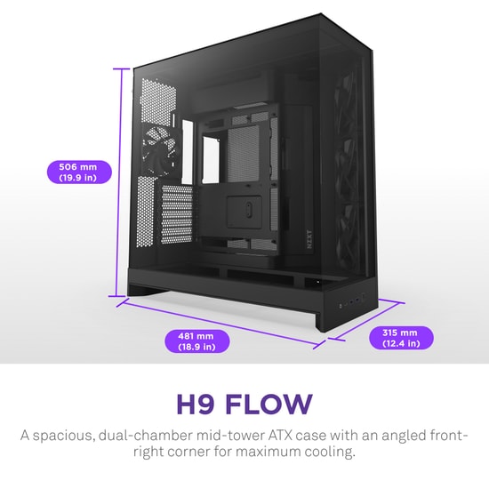 NZXT H9 Flow Dual-Chamber Panoramik Siyah E-ATX Oyuncu Kasası (CM-H92FB-01) - 4 Fan, 420mm Radyatöre uygun, Temperli Cam
