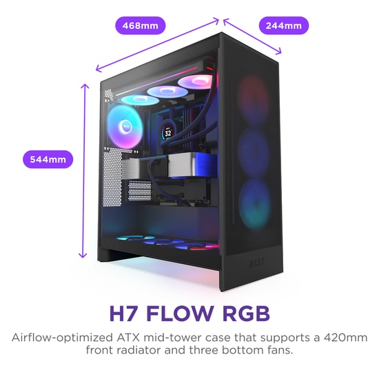 NZXT H7 Flow RGB Siyah (CM-H72FB-R1) E-ATX Mid-Tower Kasa - 3x120mm RGB Fan, Mesh Panel, 420mm Radyatör Desteği