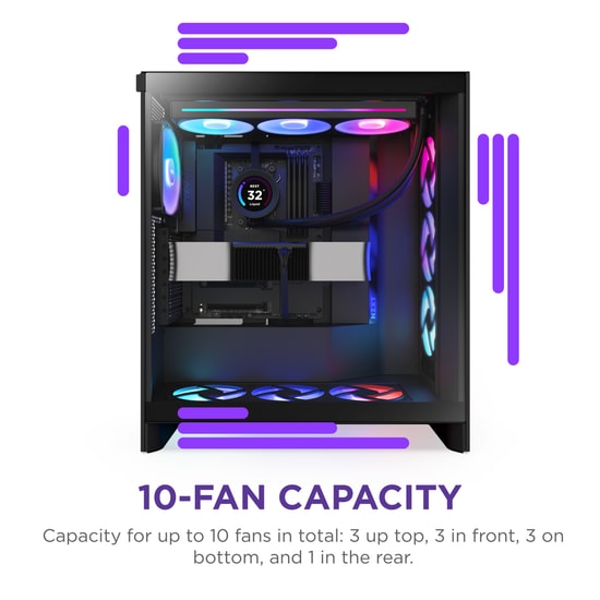 NZXT H7 Flow RGB Siyah (CM-H72FB-R1) E-ATX Mid-Tower Kasa - 3x120mm RGB Fan, Mesh Panel, 420mm Radyatör Desteği