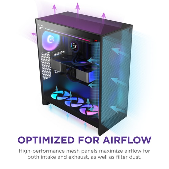 NZXT H7 Flow RGB Siyah (CM-H72FB-R1) E-ATX Mid-Tower Kasa - 3x120mm RGB Fan, Mesh Panel, 420mm Radyatör Desteği