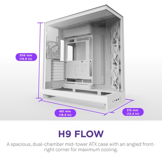 NZXT H9 Flow Dual-Chamber Panoramik Beyaz E-ATX Oyuncu Kasası (CM-H92FW-01) - 4 Fan, Temperli Cam, 420mm Radyatöre Uygun