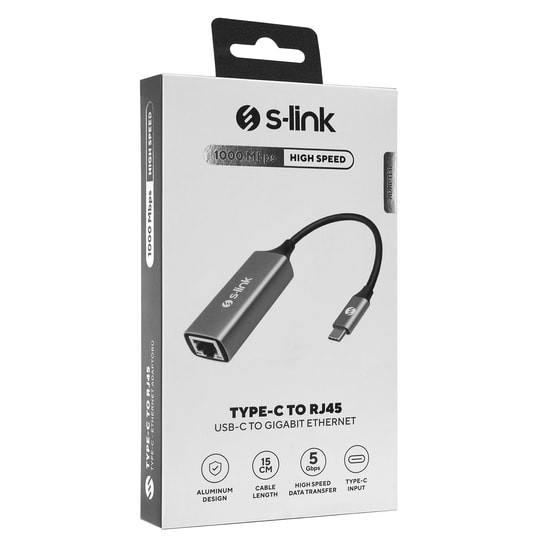 S-Link SW-U336 Type-C to Gigabit Ethernet Dönüştürücü - 1Gbps, Gri Alüminyum Kasa, 15cm Kablo, Ağ Adaptörü